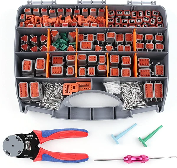 Flytuo Deutsch Connectors Kit with Crimping Tool - 636PCS, 2/3/4/6/8/12 Pin DT Connectors, Removal Tool, Size 16 Solid Terminal Contacts, 14-18 AWG (Grey)