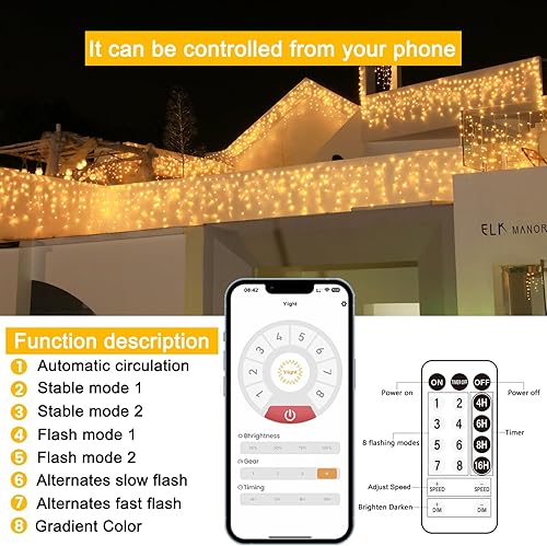Miniatura 3 de Guirnalda de luces de Navidad para exteriores, 49 pies, 640 LED, 8 modos con control remoto y aplicación, luces de Navidad impermeables para patio,