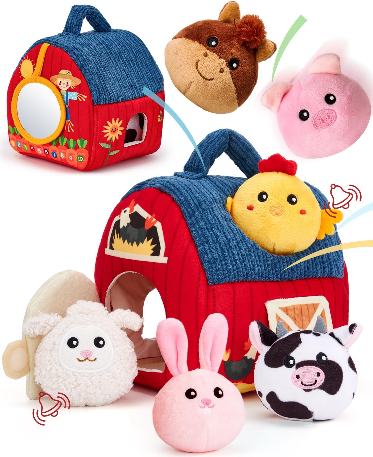 Baby Toys 6-12 Months - Surprise Barn with Stuffed Farm Animals, Rattle, Crinkle Paper, Mirror - Busy Montessori Toys for Babies, Sensory Toys for Toddlers 1-3