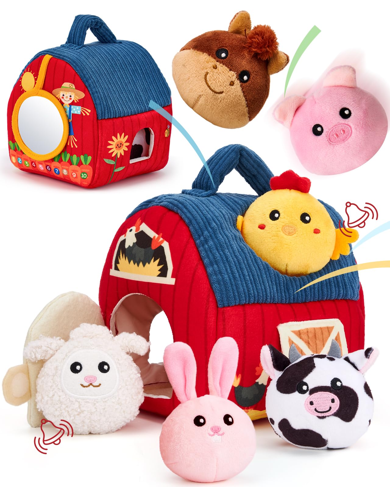 Baby Toys 6-12 Months - Surprise Barn Stuffed Farm Animals Plush | 6 Month Old Montessori Toys with Rattle Crinkle Sound, Texures, Mirror, Infant Sensory Balls 7 8 9 Month Old Baby Boy Gifts