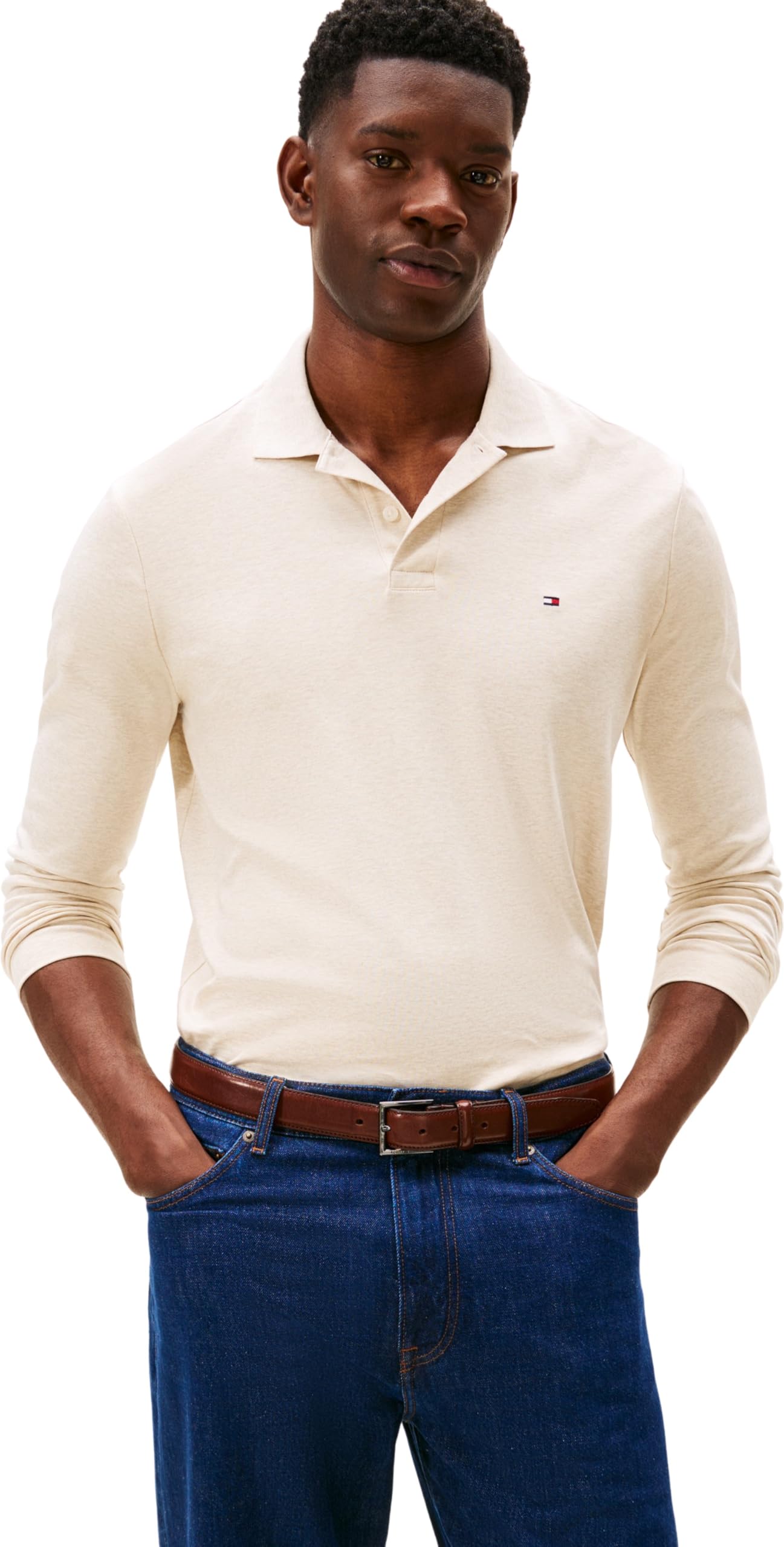 Tommy Hilfiger Herren-Poloshirt, langärmelig, flüssige Baumwolle, Normale Passform, Heathered Oatmilk, XL