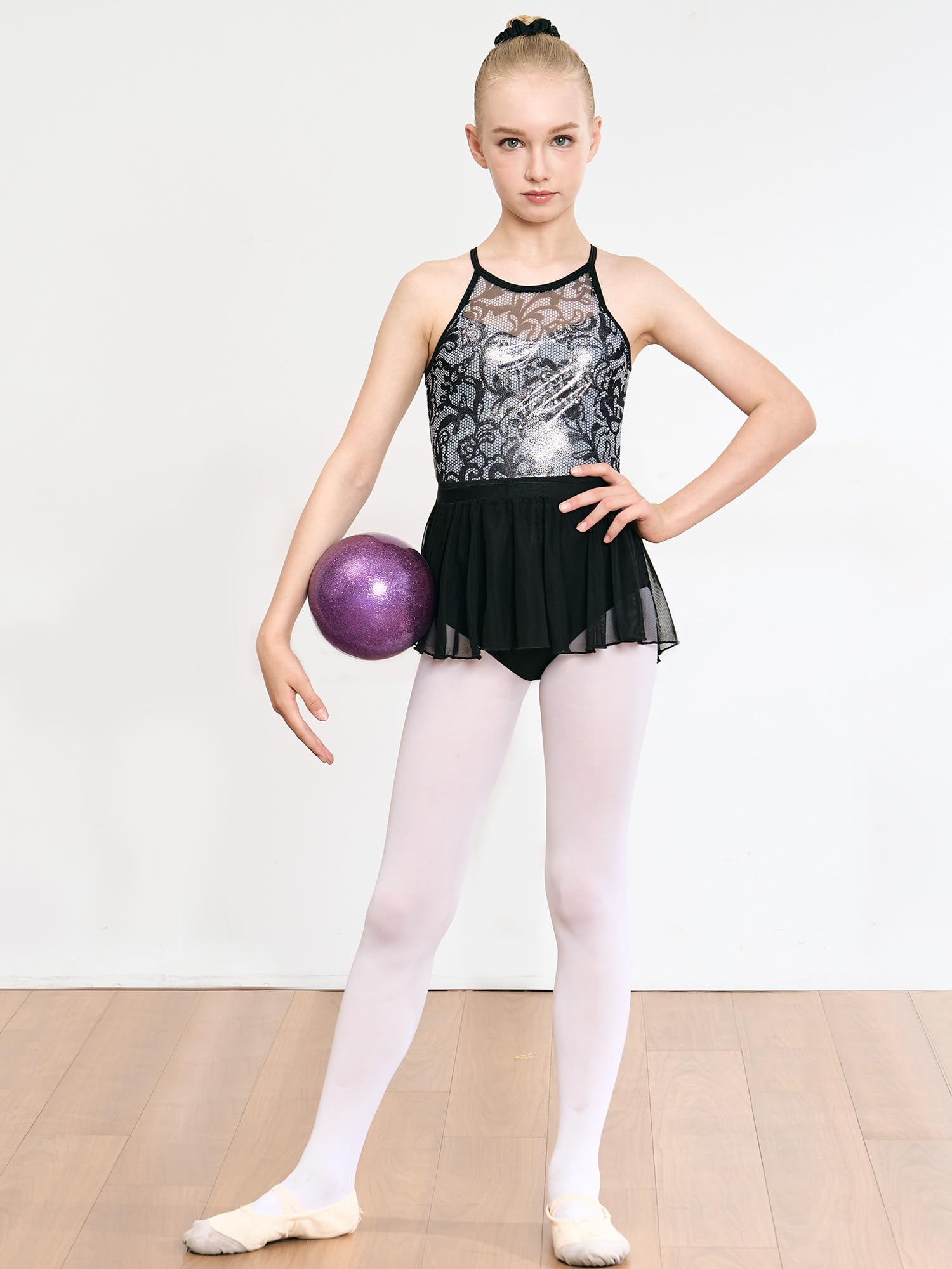 Gogokids Filles 3 PCS Ensemble de Gymnastique Halter, Enfants Justaucorps de Gymnastique avec Design en Strass & Maille, Ballet Scintillant Comprend Justaucorp, Jupe en Mousseline & Hairband pour 3-12