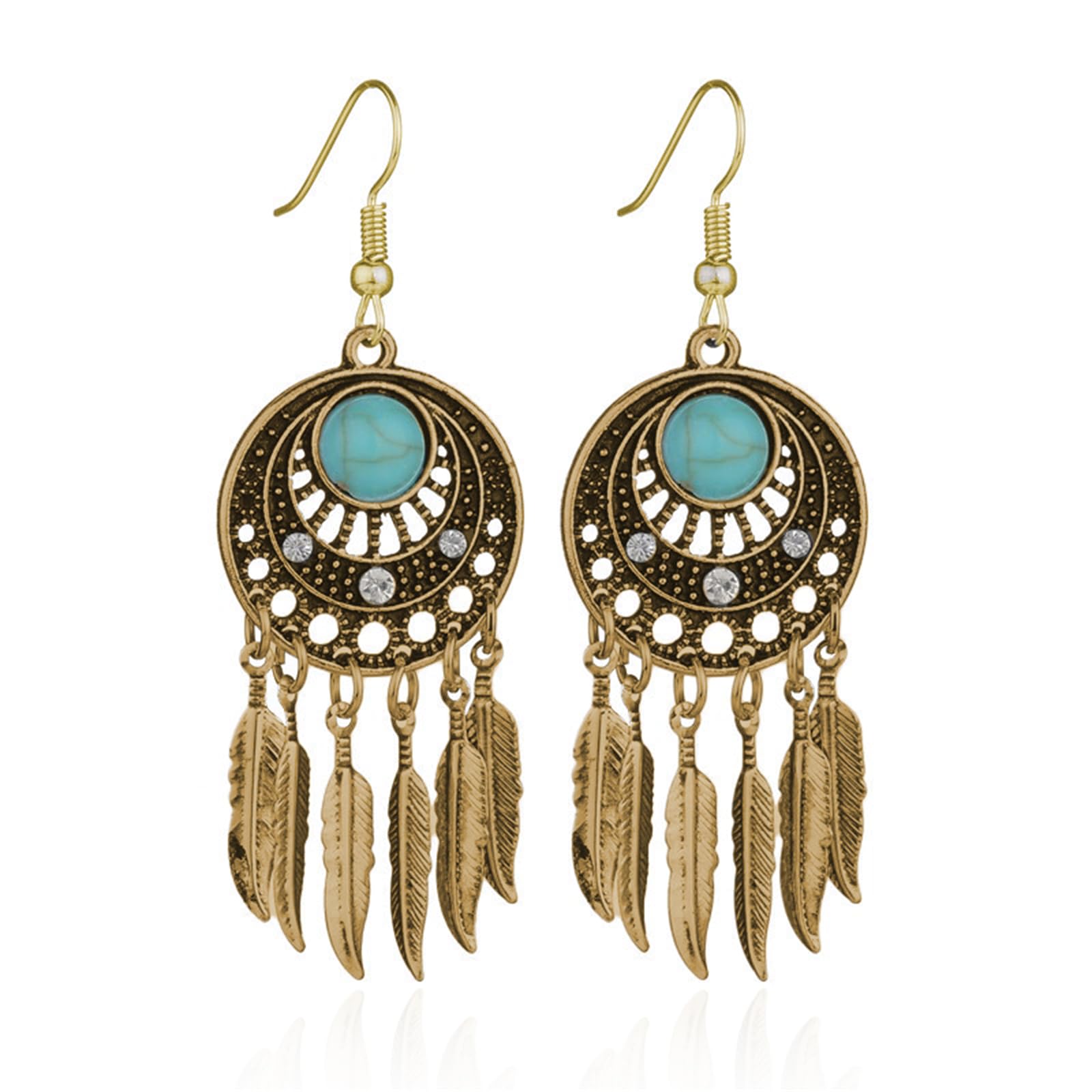 QLUYCKW Boho Turquoise Drop Earrings Retro Long Copper Feather Tasse Metal Leaf Dangle Earrings Vintage Country Western Jewelry Cowgirl Ethnic Style