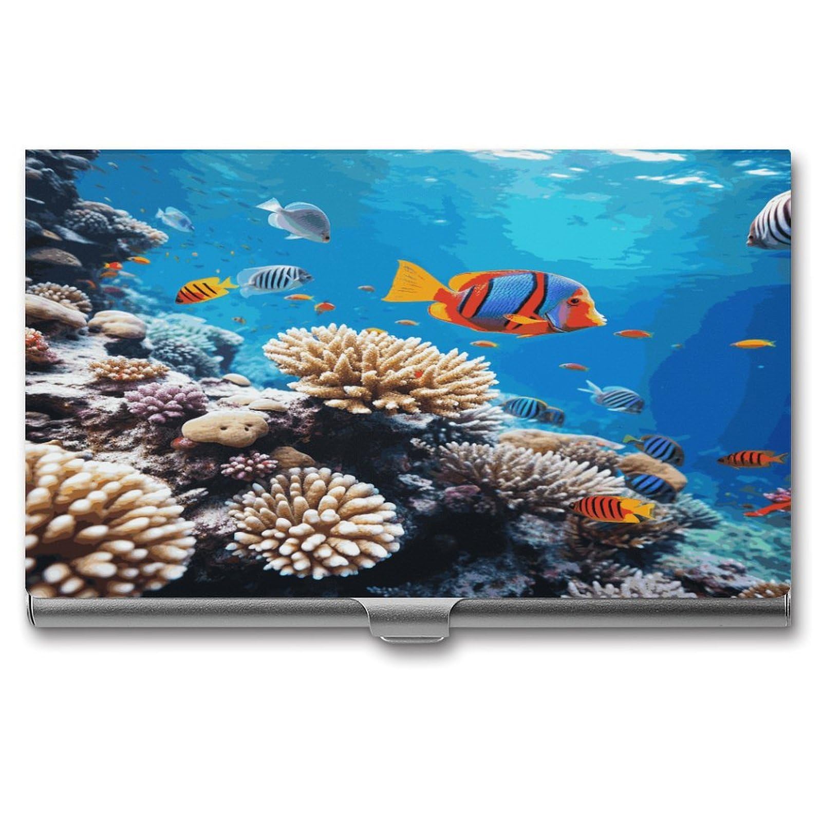 LDGSUPH Ocean Tropical Fish Coral Business Card Holder Fashion Slim Name Card Holder Minimalist Design Case Metal Card Carrier Personalized Business Card Case with Flip for Men Women
