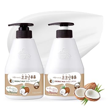 WELCOS Kwailnara Coconut Milk Body Lotion & Body Wash Set Moisturizing & Revitalizing Korean Skincare Bundle with Coconut Milk Extract, 560g / 19.75oz Each
