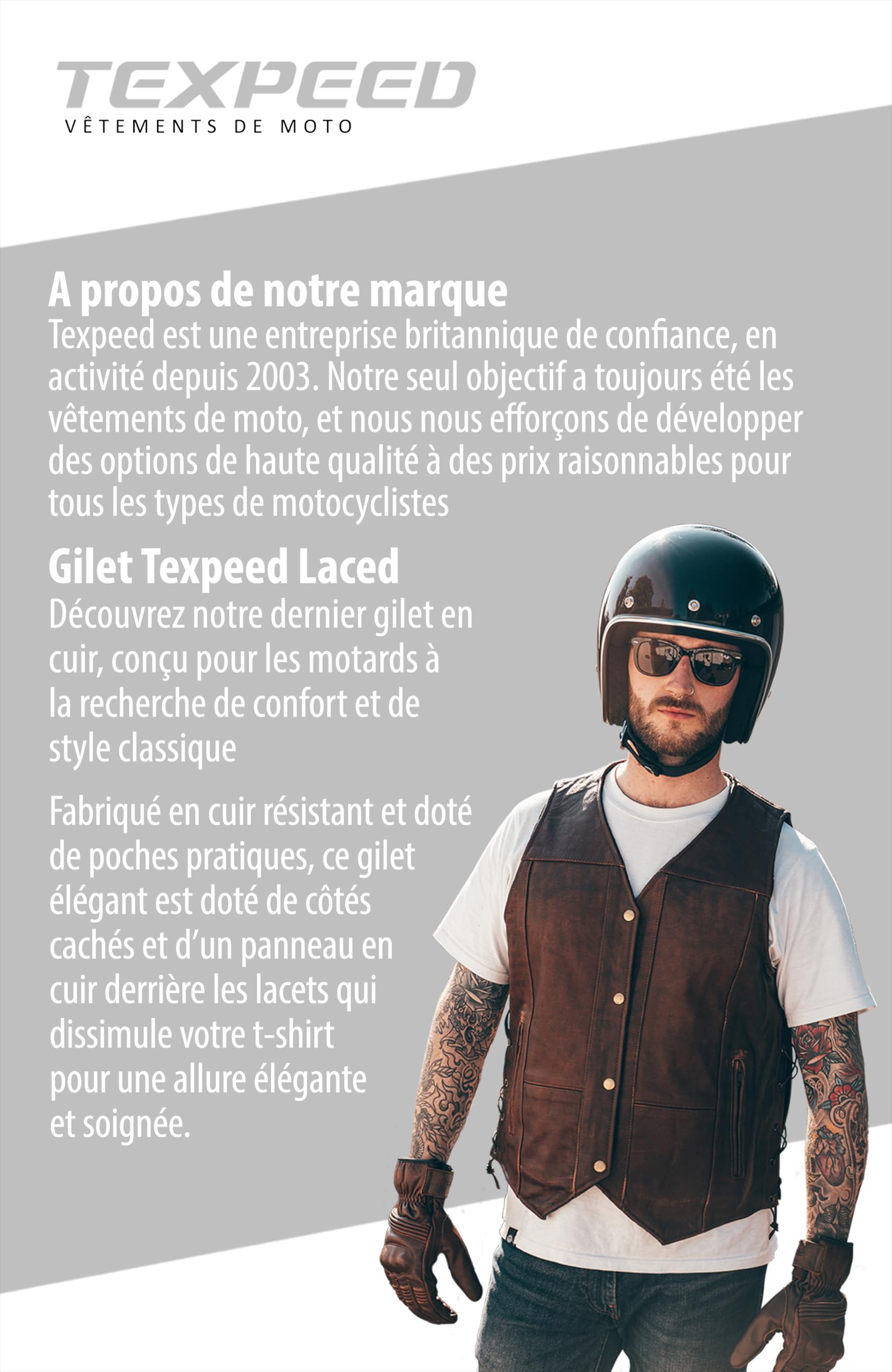 Texpeed Gilet moto en cuir pour homme coupe - Véritables poches fermeture éclair de qualité moto/coupe gilet avec côtés tressés Marron/Brun - M