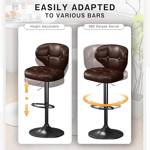 Miniatura 6 de Juego de 2 taburetes de bar, taburetes de bar giratorios ajustables, moderna silla de bar tapizada de piel sintética con respaldo y reposapiés, para