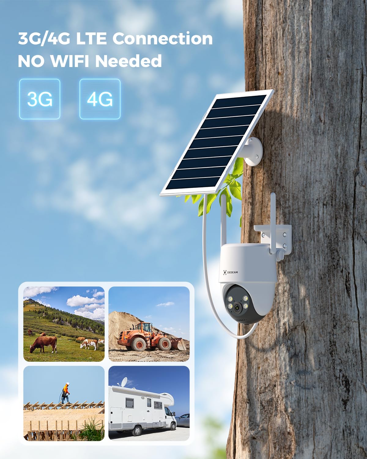 COCOCAM Nagrywanie 24/7 Kamera bezpieczeństwa AOV 4G LTE bez WiFi | baterią 10000 mAh, panelem słonecznym 9W, zewnętrzną kamerą solarną PTZ 2K, 30-metrowym widzeniem nocnym, wykrywaniem AI