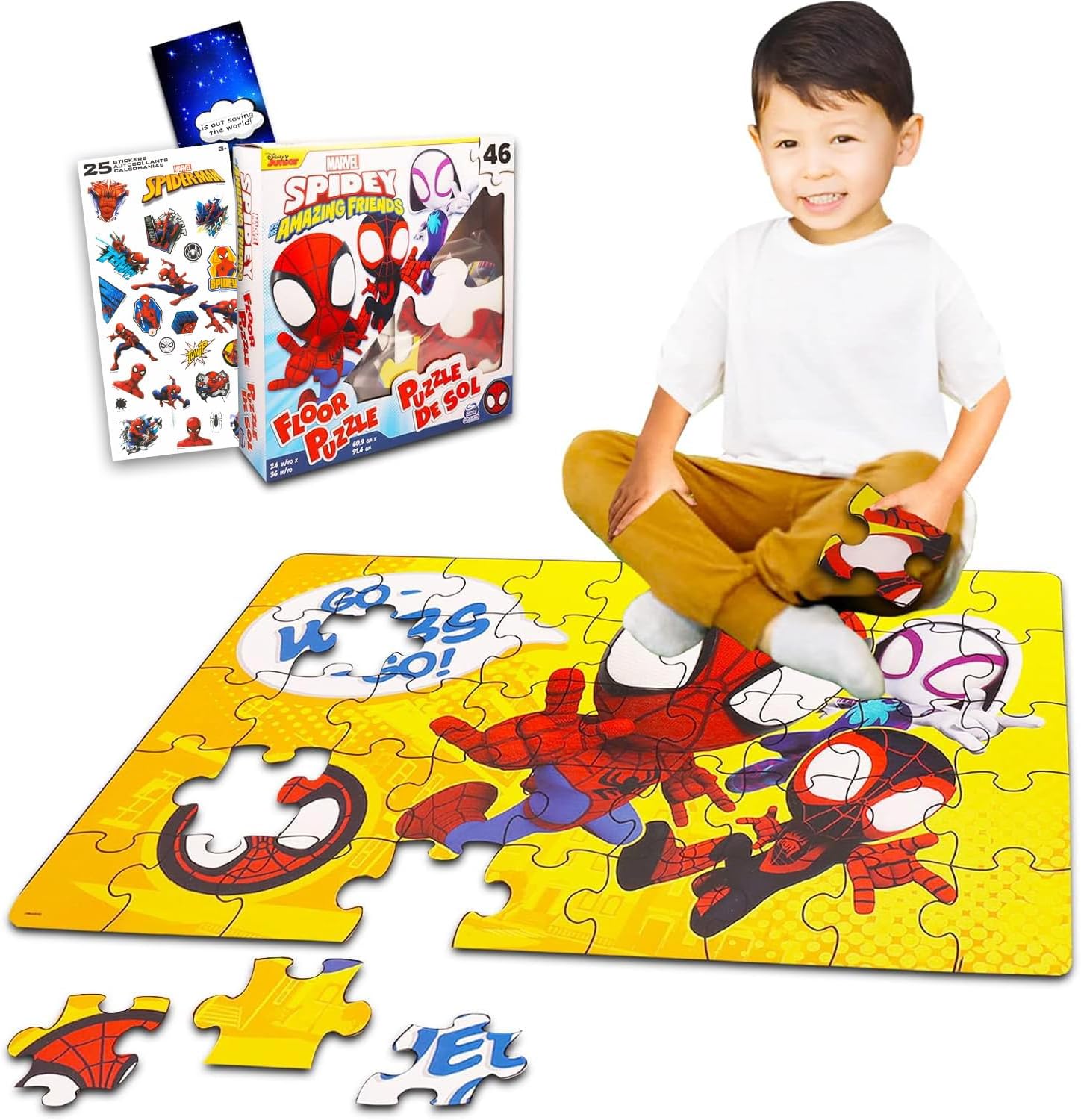 Marvel Amazing Spiderman Floor Puzzle - Bundle with 46 Piece Spidey and Friends Puzzle, Stickers and More | Spidey and His Amazing Friends Jigsaw for Kids, Toddlers, Boys, Girls
