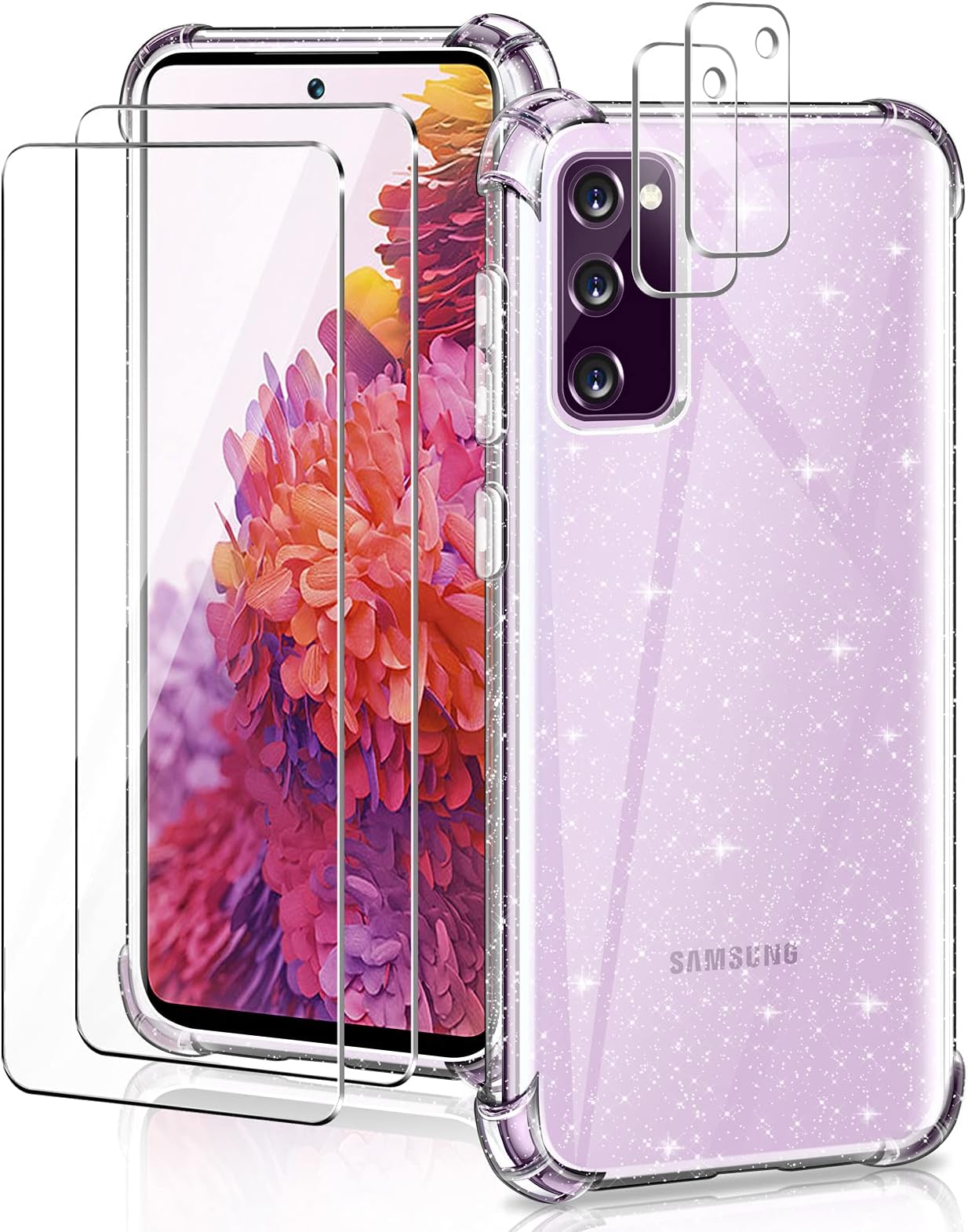 YIRSUR Glitter Clear Case Compatible with Samsung Galaxy S20 FE 5G with 2 Pack Screen Protector and 2 Pack Camera Lens Protector, Air Cushion Soft TPU Shockproof Transparent Sparkly Cover Case