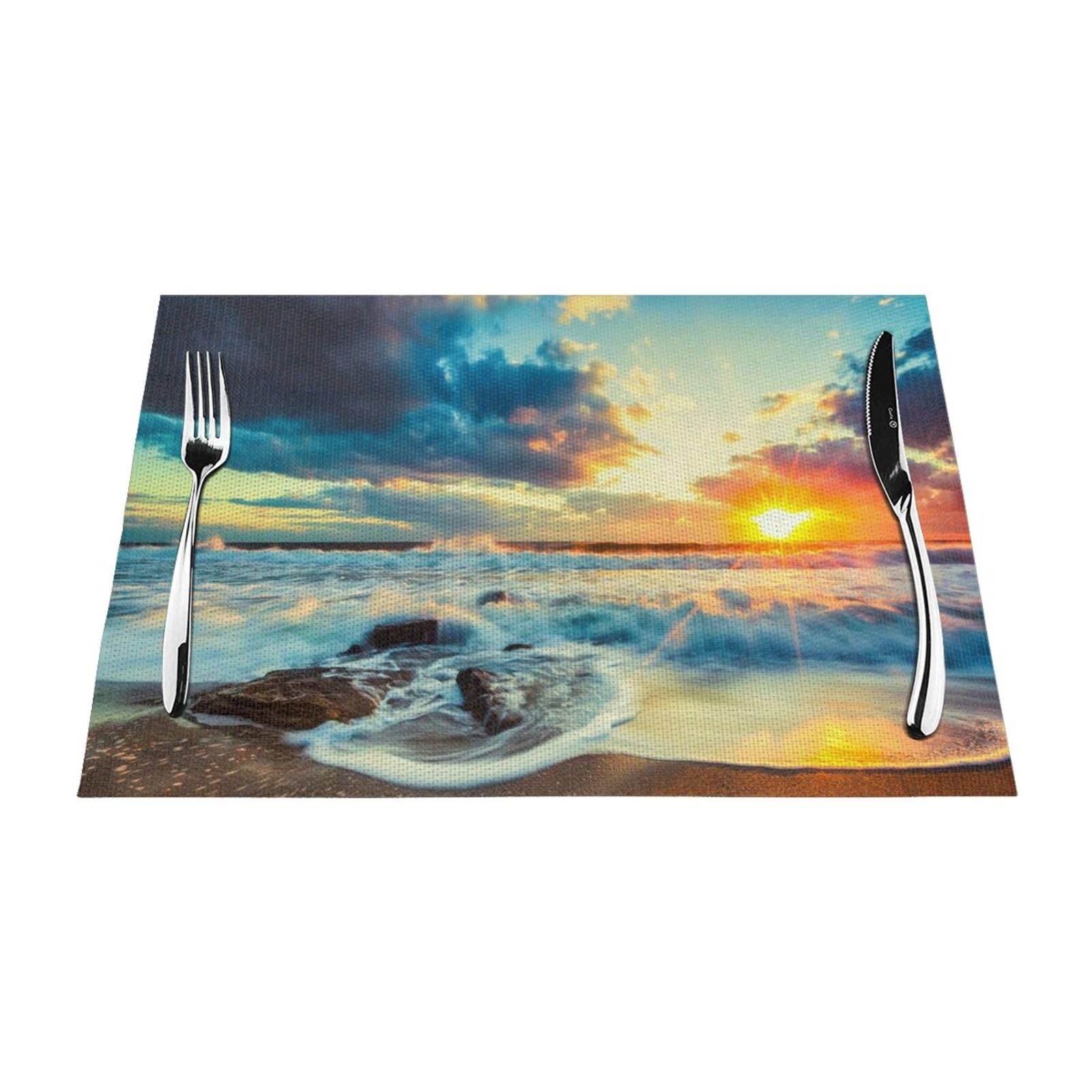 PVC Placemat Set of 6 PCS, 45x30 CM, Sunset beach Printed Non-Slip Heat Resistant Place Mats for Kitchen Dining Table Indoor Outdoor