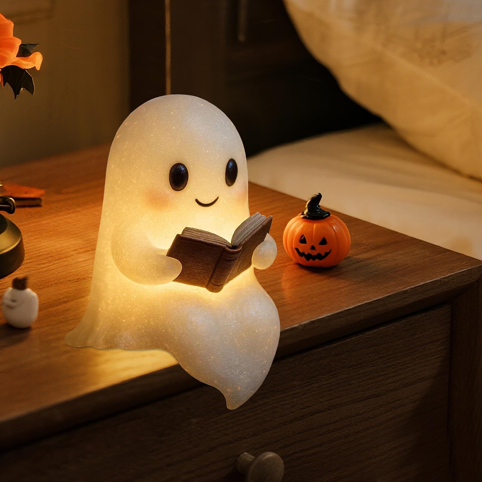 FUFRE Halloween Geisterlicht In Glasglocke - Batteriebetriebenes Nachtlicht Für Grusel-Deko