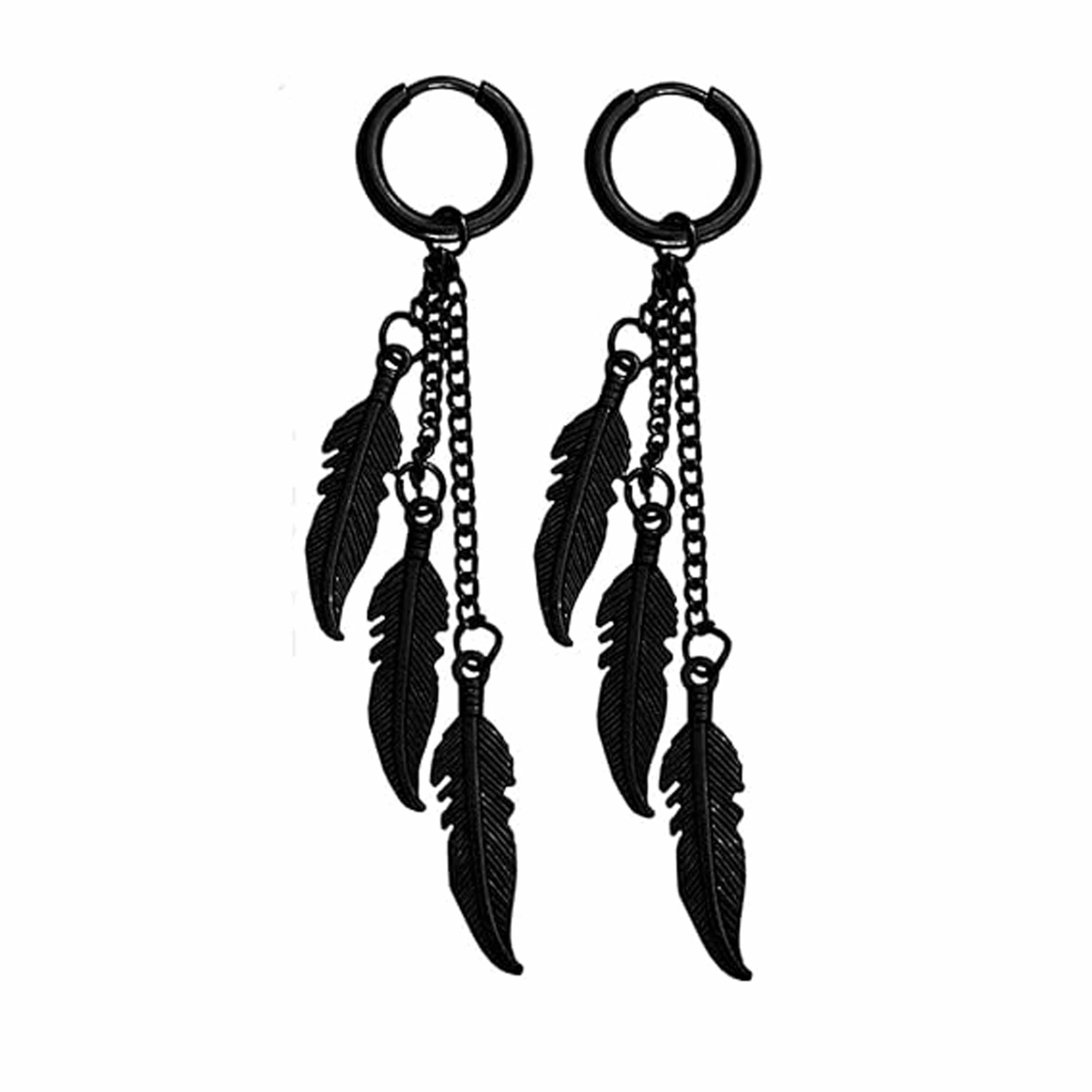 Feather And Ring Long Chain Hoop Earring Cross Stud Earring Silver Stainless Steel Stud Hoop Drops & Danglers Earrings ser2022238-image-2