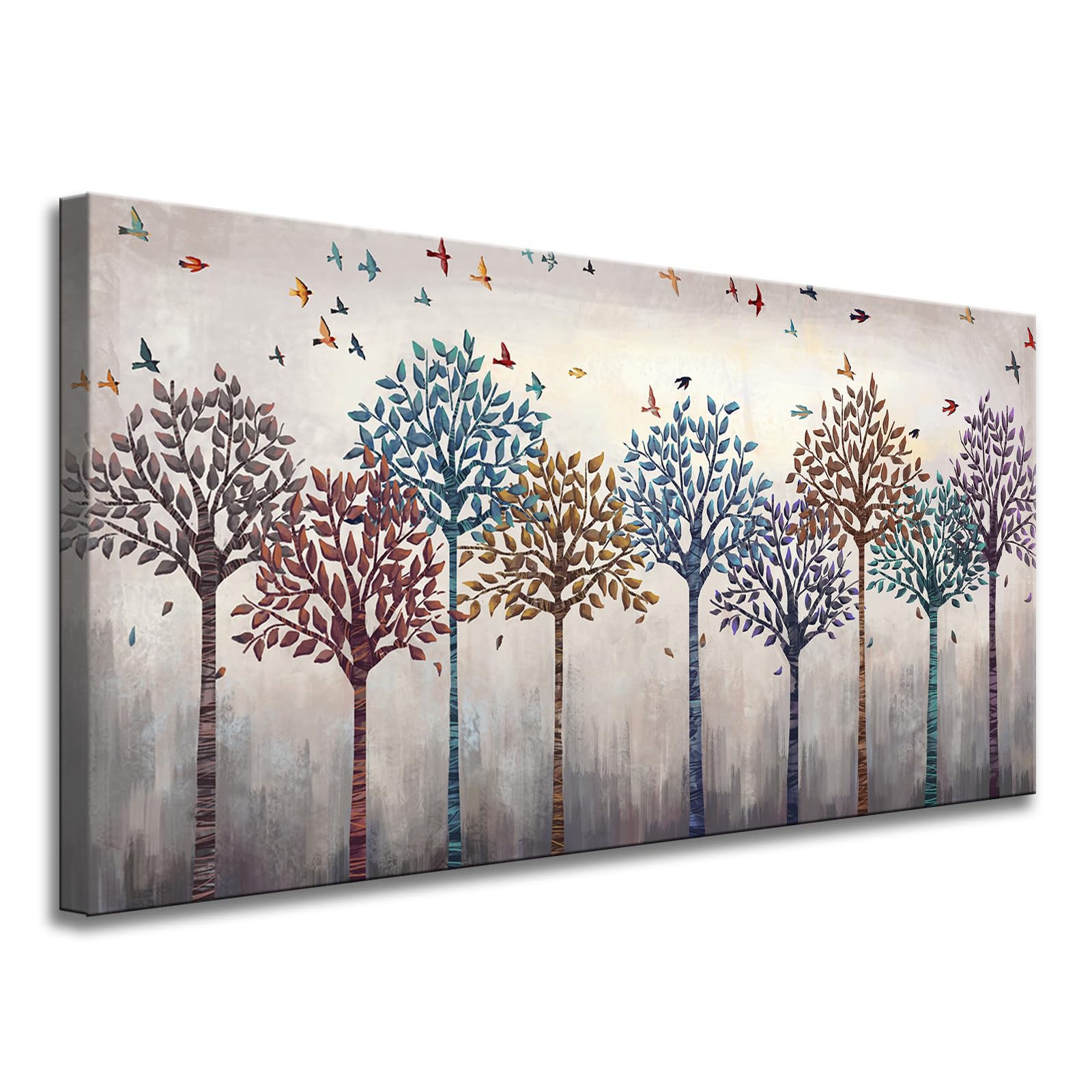 iHAPPYWALL Large Abstract Tree And Birds Canvas Wall Art Flying Birds over Colorful Forest Picture Print on Canvas Stretched and Framed For Living