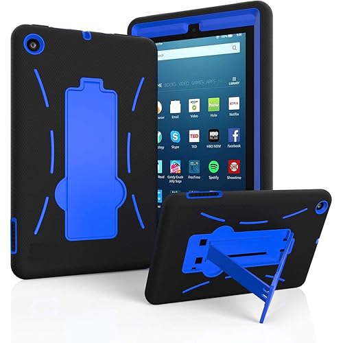 EpicGadget Case for 2019 Amazon Fire 7 Tablet (9th Generation, 2019 Released) - Heavy Duty Hybrid Case Cover with Kickstand + 1 Screen Protector and 1 Stylus (Black/Blue)