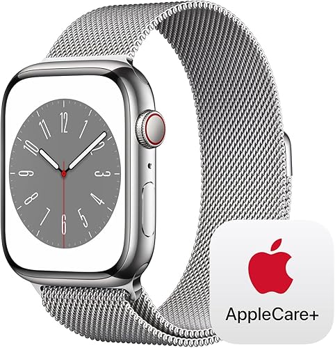 Apple Watch Series 8 GPS + Cellular 1.772 in Reloj inteligente con caja plateada de acero inoxidable con bucle milanés plateado con AppleCare+ (2