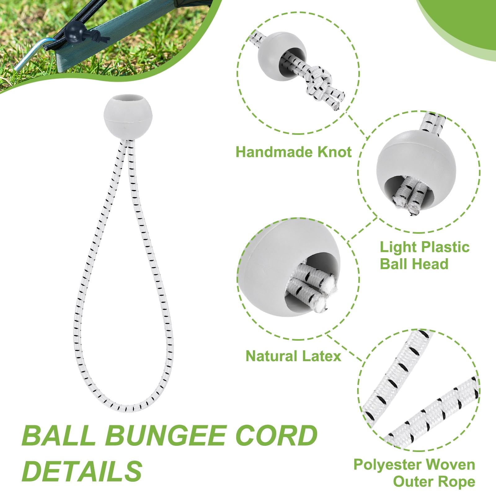 PATIKIL Lot de 50 tendeurs à boule de 15,2 cm avec boules pour auvent, bâche, cordon élastique pour camping, abri cargo, poteau de tente, blanc et noir