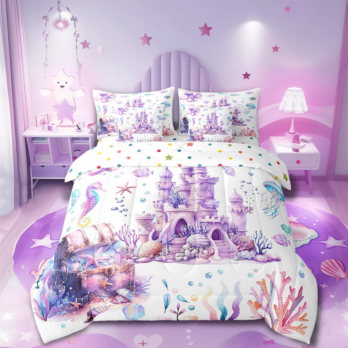 Parure de lit 7 pièces violette pour une chambre de fille style conte de fées