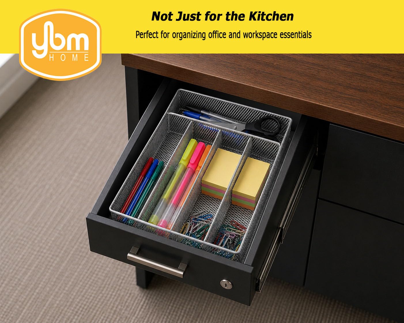 YBM HOME Organizador de cubiertos de malla de 5 partes en cajón, plateado, 30,4 x 22,8 x 2,8 cm