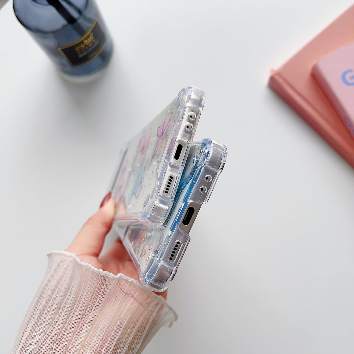 UEEBAI Case for Samsung Galaxy Z Flip 4 5G, Ultra Thin Glitter Butterfly Mobile Phone Case Transparent [Never Yellowing] Silicone Protective Case Slim Fit Soft TPU Bumper Cover for Women Girls - Pink