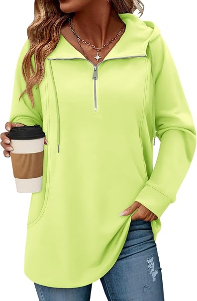 onlypuff Women Hoodie Pullover Trendy Quarter Zipper Lapel Sweatshirts Drawstring Cute Hooded Tunic Tops with Side Pockets