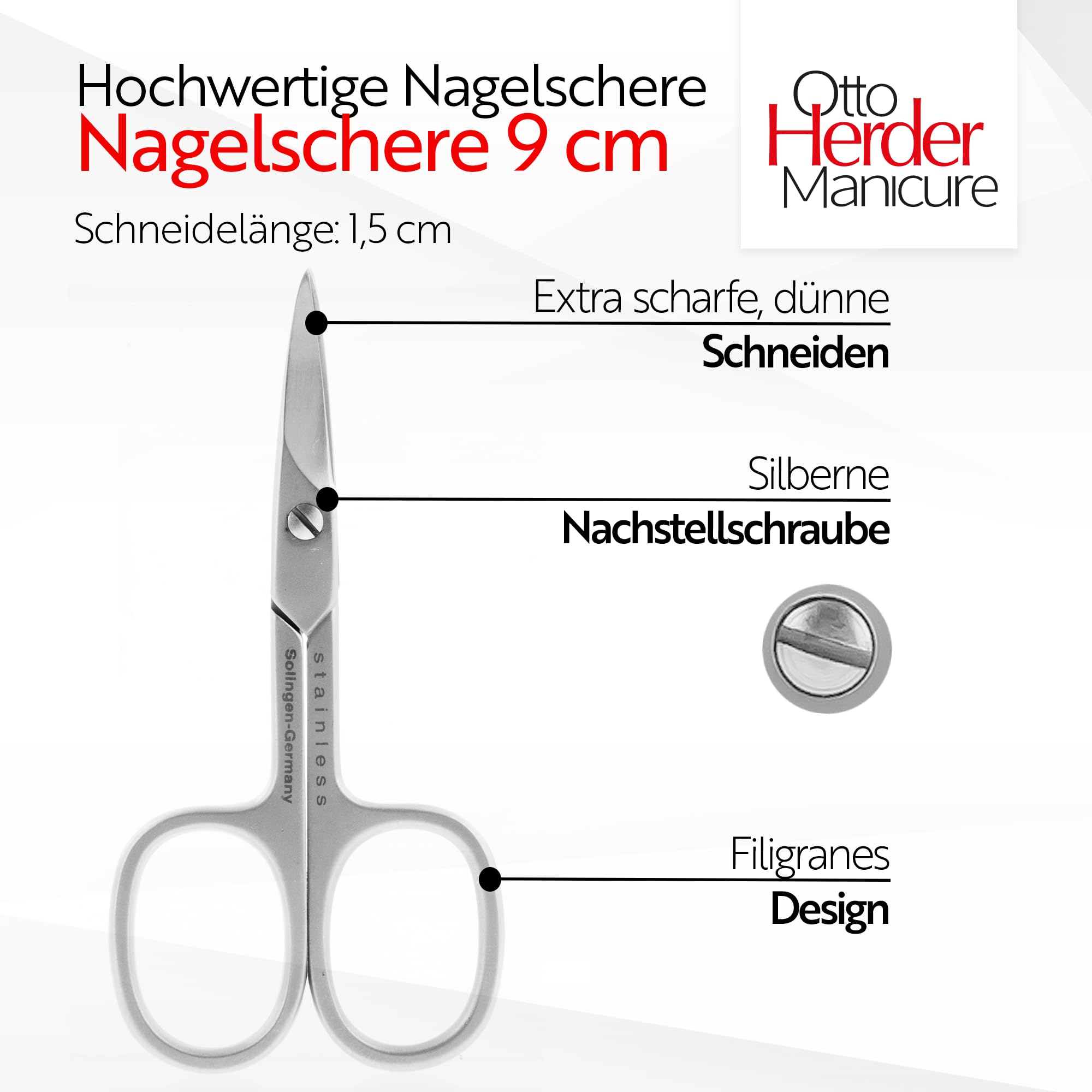 OTTO HERDER NAGELSCHERE GEBOGEN - Extra scharfe Nagelschere Solingen 9cm mit gebogener Schneide aus hochwertigem rostfreiem Edelstahl für Fingernägel und Fussnägel