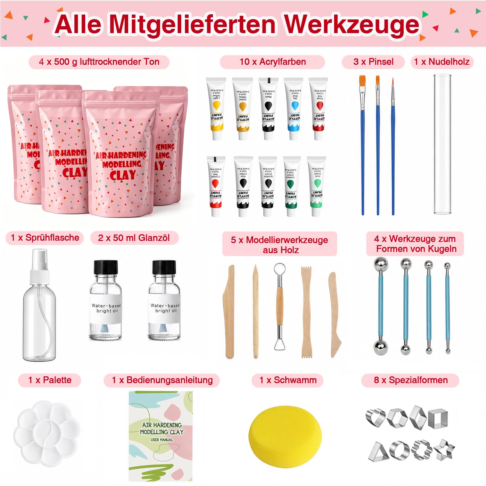 JOVVI Set di argilla essiccante all'aria, 2 kg, per principianti, set fai da te da 41 pezzi con argilla ad asciugatura all'aria, colori e altri accessori, set creativo perfetto per adulti