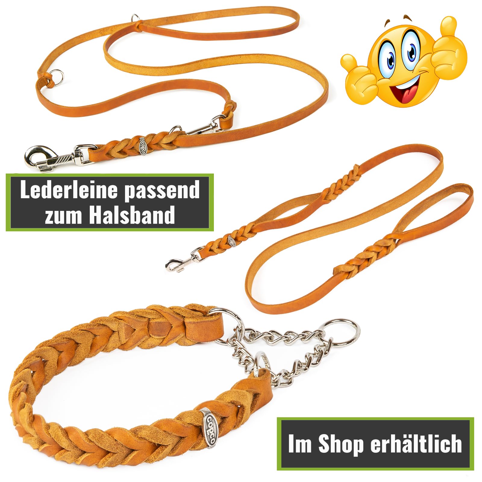 CopcoPet Fettleder Halsband 35–40cm x 20mm Cognac – Geflochten mit Zugstopp-Kette – Robust & weich – Verchromte Kette – Lederhalsband für kleine Hunde, Training & Alltag