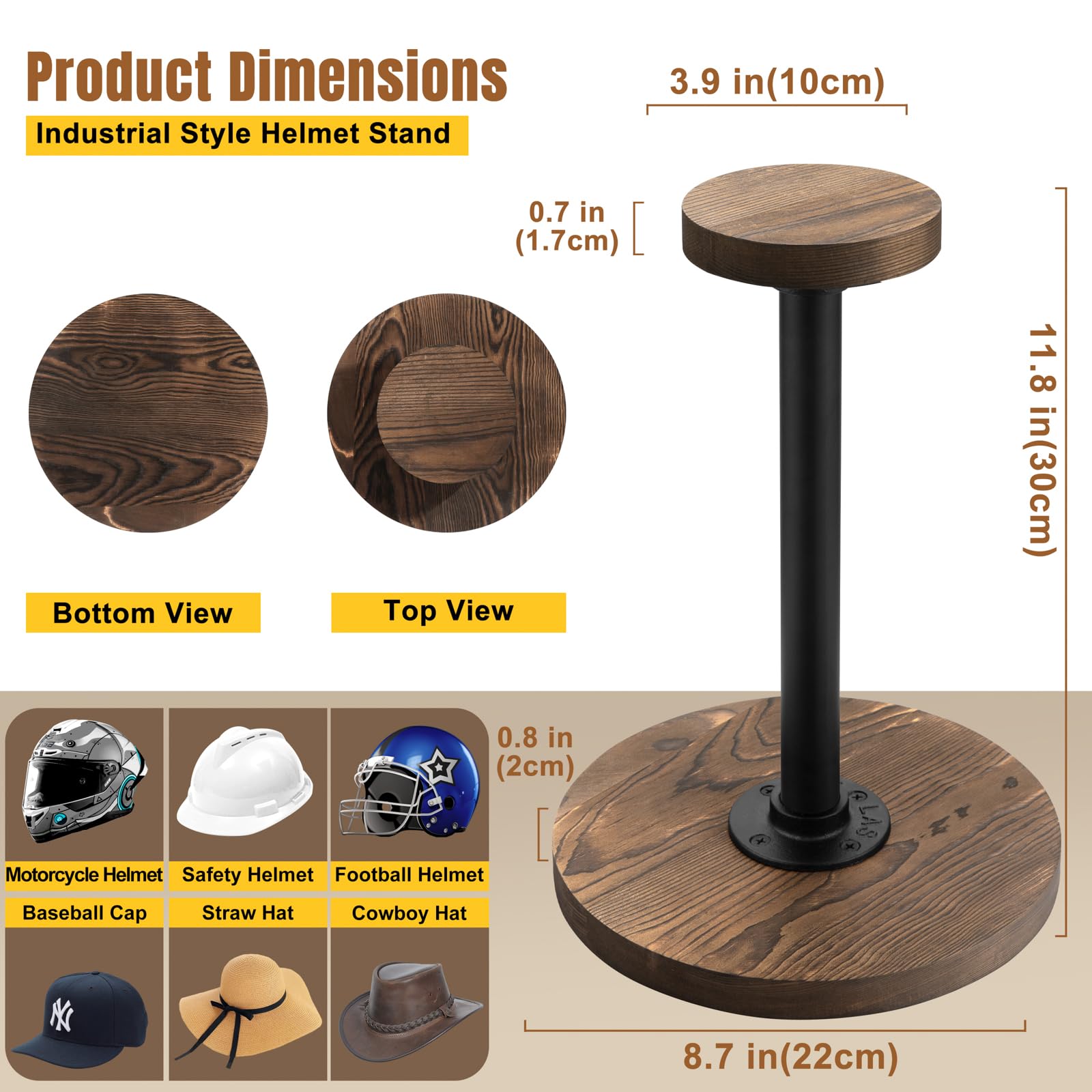 motofans® Industrial style helmet stand, Rustic Burnt Solid Wood and Black Metal Pipe Cap and Wig Display Stand(2pcs)