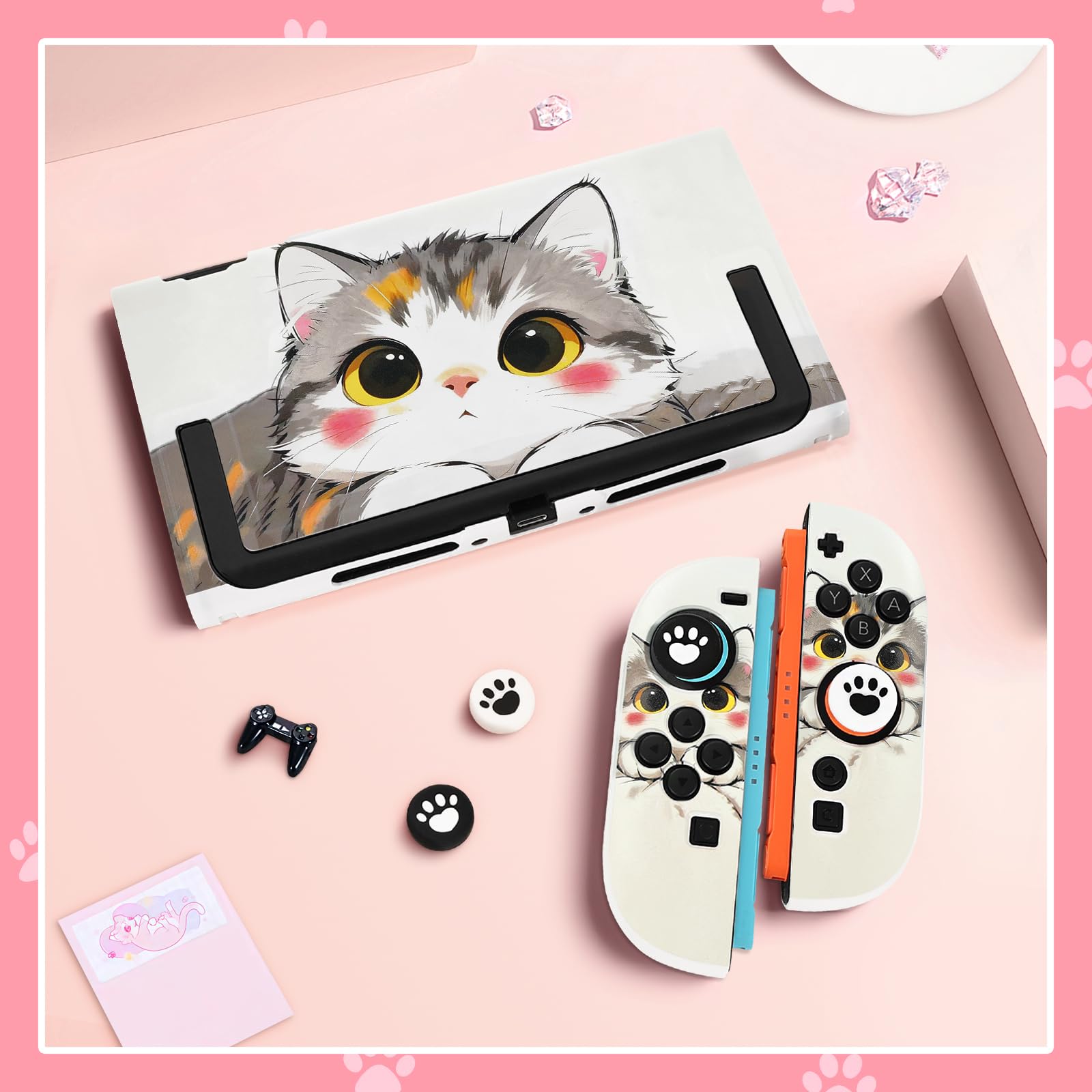 DLseego Schutzhülle für Switch 2,Andockbare,Kratzfeste Hartschale mit Niedlichem Katzenmuster,Stoßdämpfende Schutzhülle mit 2 Weichen Griffabdeckungen und 4 Daumengriffkappen,Weiß - 4