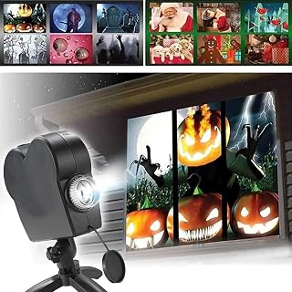 MJJAOQYF Halloween Christmas Holographic Window LED Projecteur Lights, 12 Films Festival Decoration for Home Party, avec Un Trépied,Noir