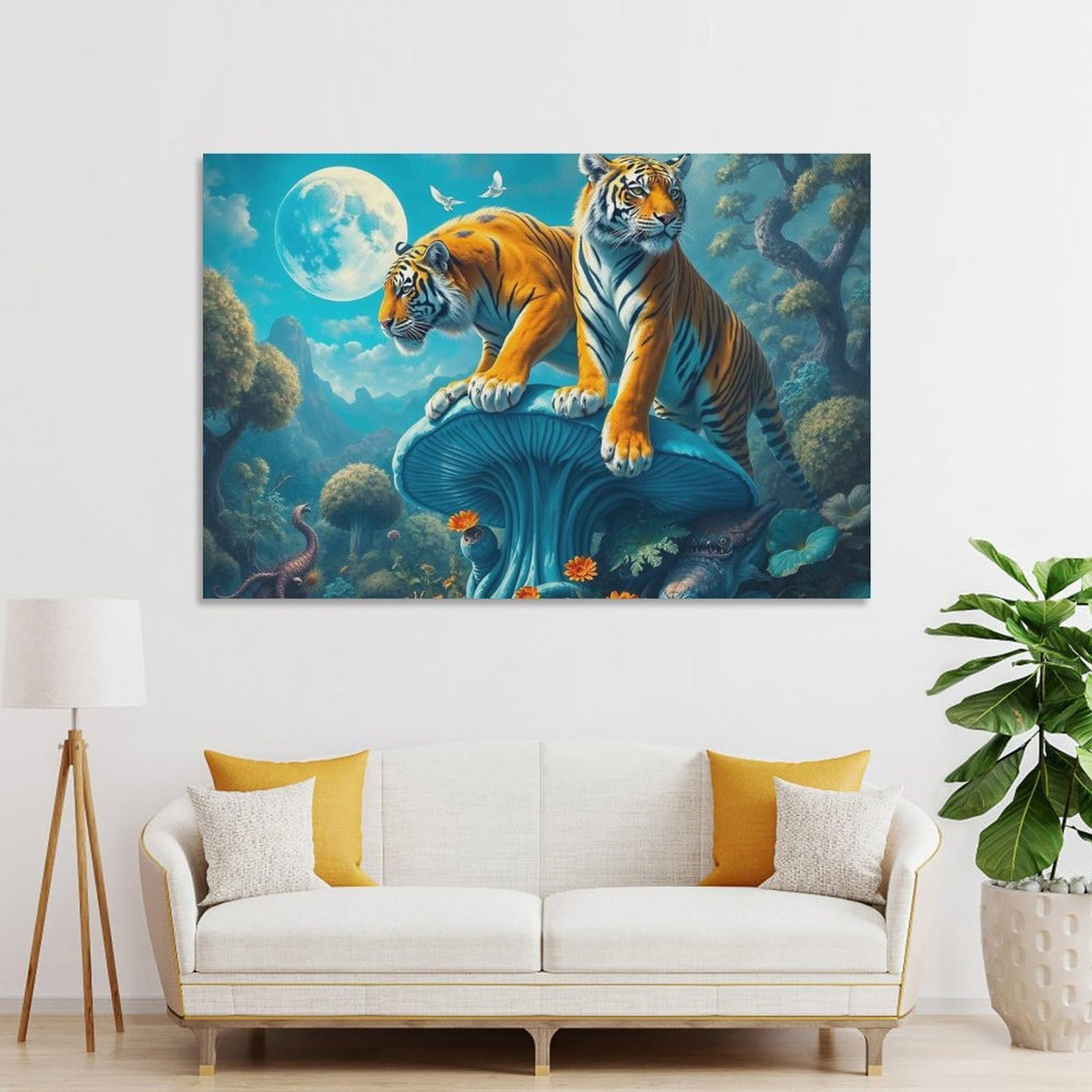 Junmoney Home Decor Wall Art Twin Tigers on Giant Alien Mushroom, 24x36inch(60x90cm), for Hallway, Bedroom Or Modern Interiors, Gift Idea for Housewarming And Birthdays