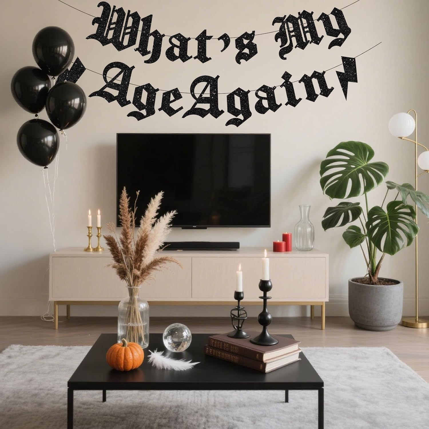 Pre-Strung What's My Age Again Banner Glitter Gothic Old English Birthday Decor Funeral Birthday Banner for Death to My Youth 20th 30th 40th 50th Party Decorations