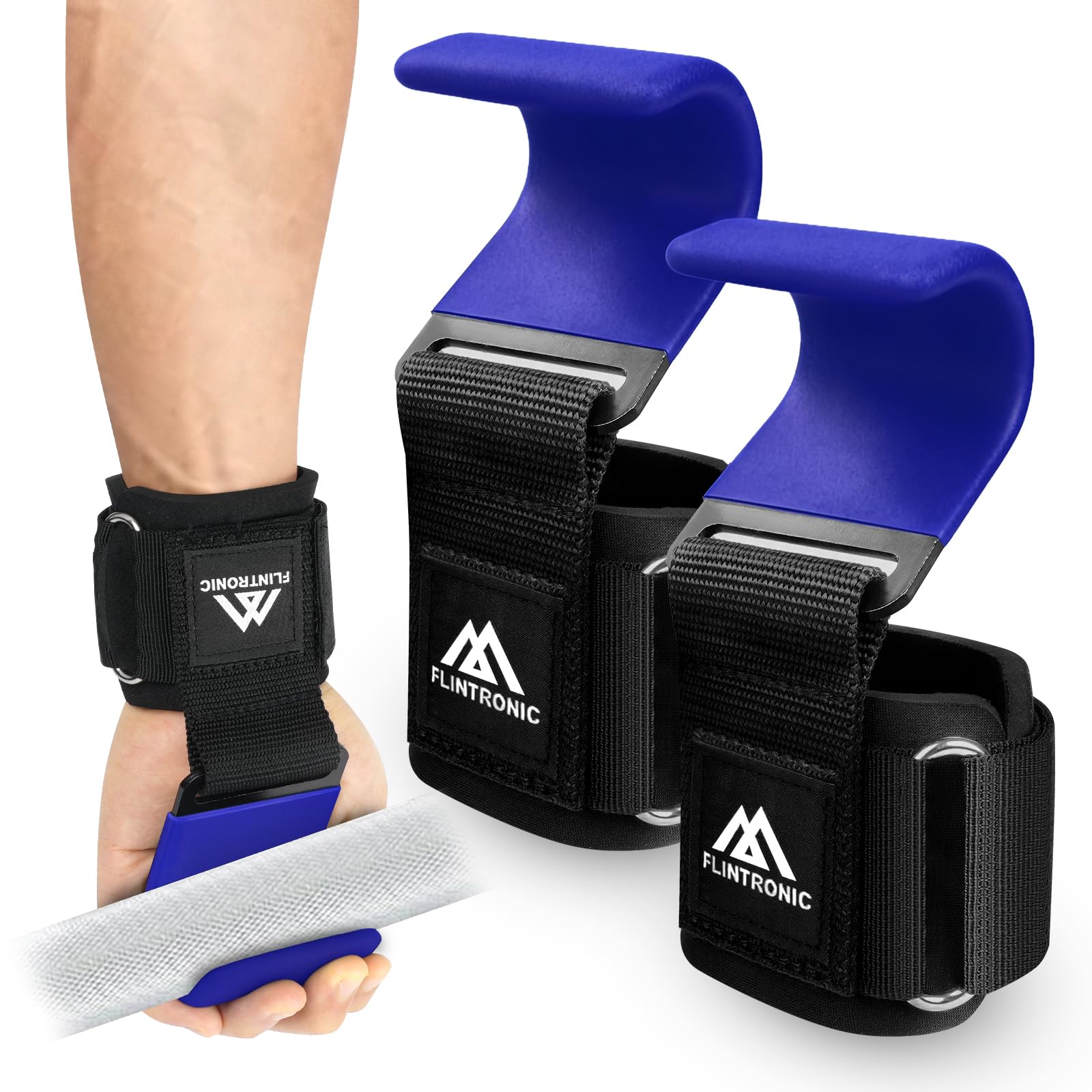 Flintronic Weight Lifting Hooks, Non-Slip Wrist Support Straps, Weight Lifting Grips, 8 mm Thick Neoprene Wrist Padding, for Pull Up, Fitness, Strength Training, Bodybuilding Workout, Blue