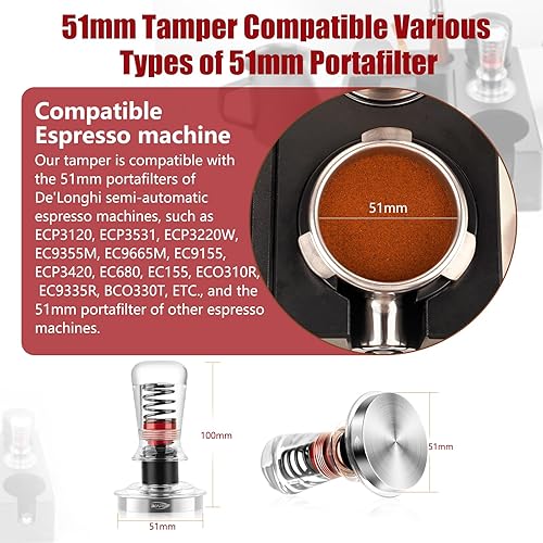 Miniatura 4 de IKAPE Ace - Manipulador de café expreso transparente de 2.008 in, calibrado con resorte con base plana de acero inoxidable de alta calidad,