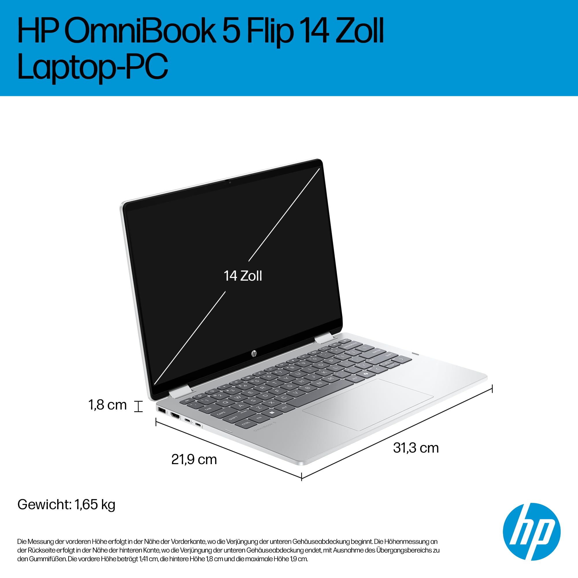 HP OmniBook 5 Flip 14-fp0254ng 2 in 1 Convertible Laptop, 14 Zoll 2K-Touchscreen, Intel Core i5-1334U, 16 GB RAM, 512 GB SSD, Windows 11 Home, Silber
