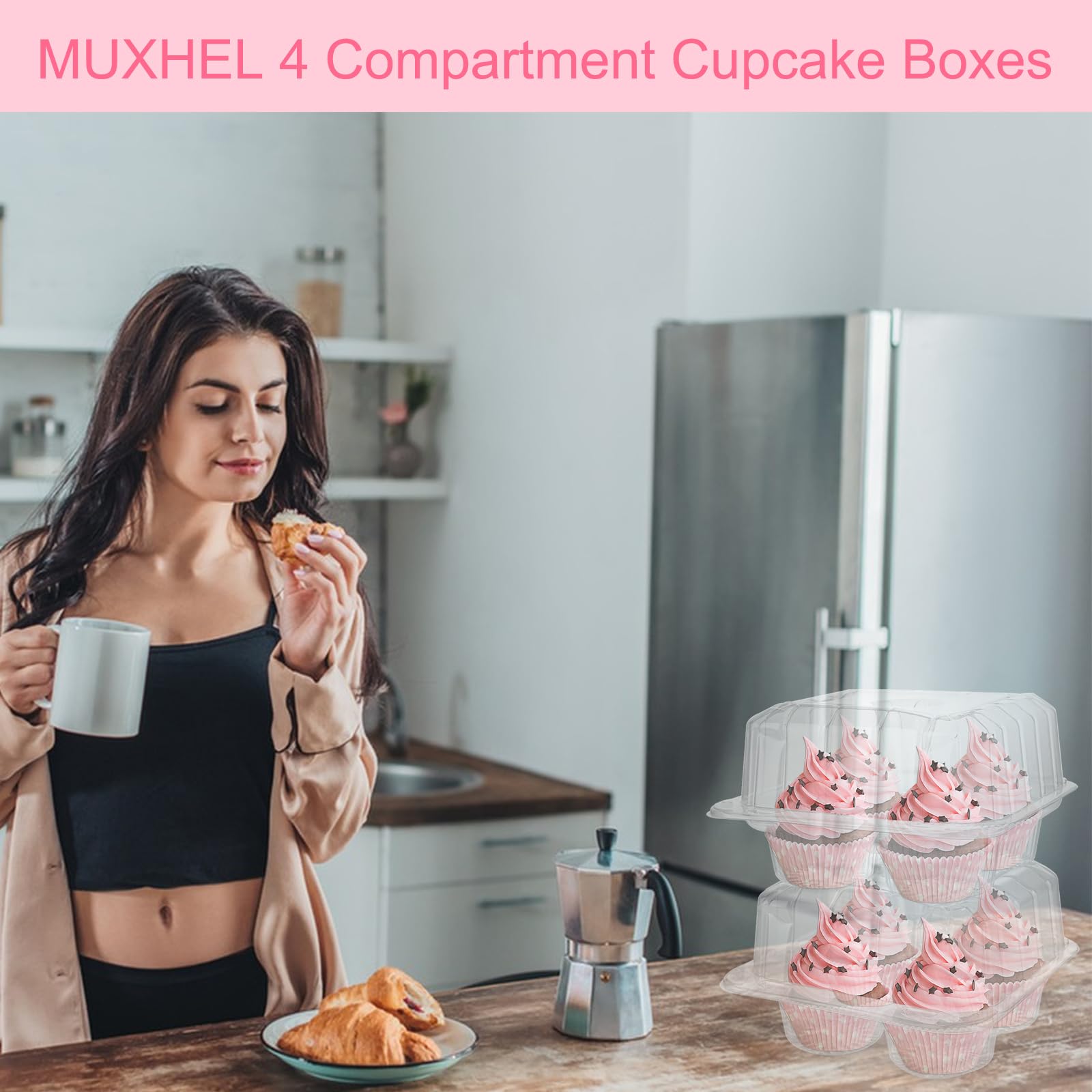 Lot de 50 boîtes à cupcakes empilables en plastique transparent à 4 compartiments, 17 x 17 x 12 cm de profondeur