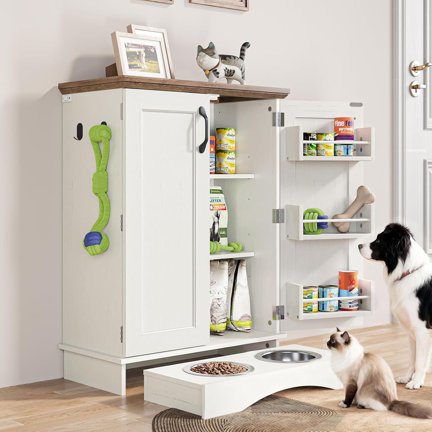 FIMELLO 32.2" H Dog Feeding Station with Storage, Dog Feeder Station with 2 Feeding Bowls, Adjustable Shelf, Pet Storage Cabinet Organizers for Cats and Dogs, Oak and White Grain