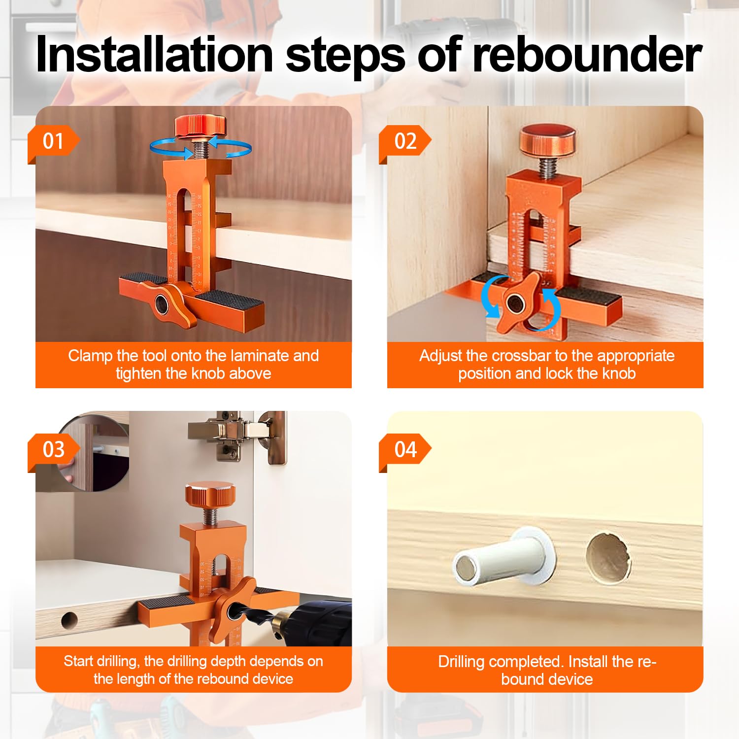 2-en-1 Positionneur d'Installation de Porte d'Armoireréglable en Hauteur, Gabarit de Percage, Forets 6/8/10 mm, pour Porte d'Armoire, Compatible panneaux 7–40 mm, Manuel d'instructions illustré