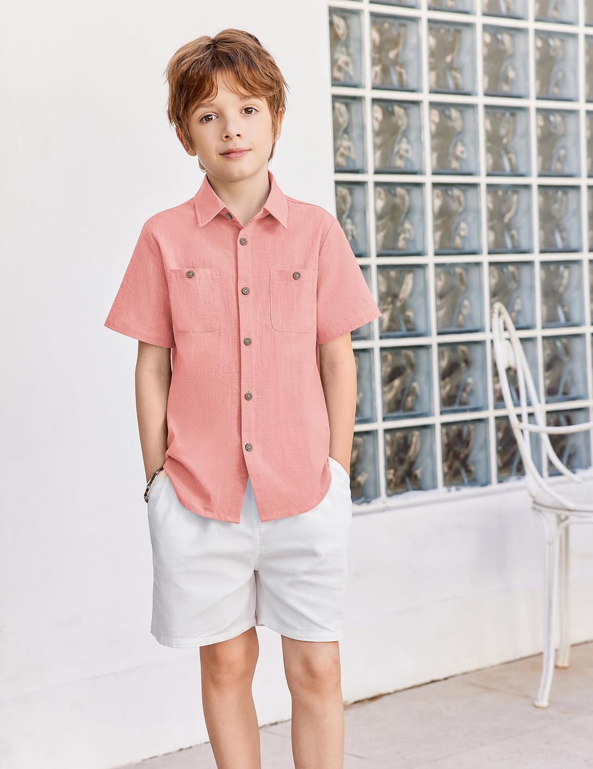 Arshiner Boys Short Sleeve Button Down Shirt Cotton Woven Casual Shirts with 2 Pockets for Kids 4-12 Years - Image 2