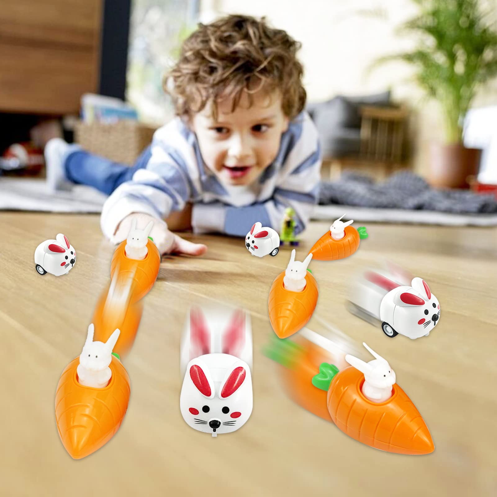 KARLOR Lot De 4 Voitures De Lapin à Remonter Avec Carottes - Décoration De Pâques Pour Enfants Et Filles à Partir De 2 Ans