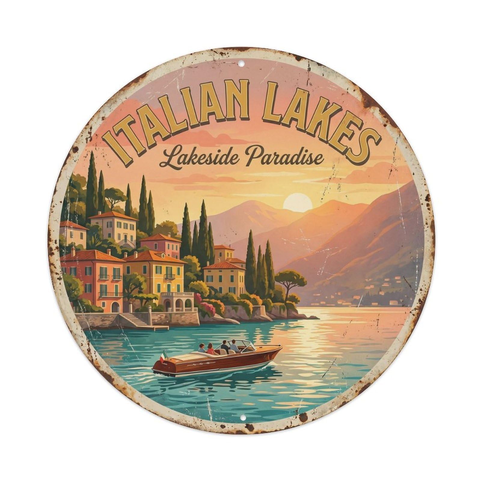 Vintage Travel Italian Lakes Paradise Metal Tin Sign Plaque Wall Decor for Cafe, Club Bar, Office, Home Garden Round Metal Poster 8x8Inch