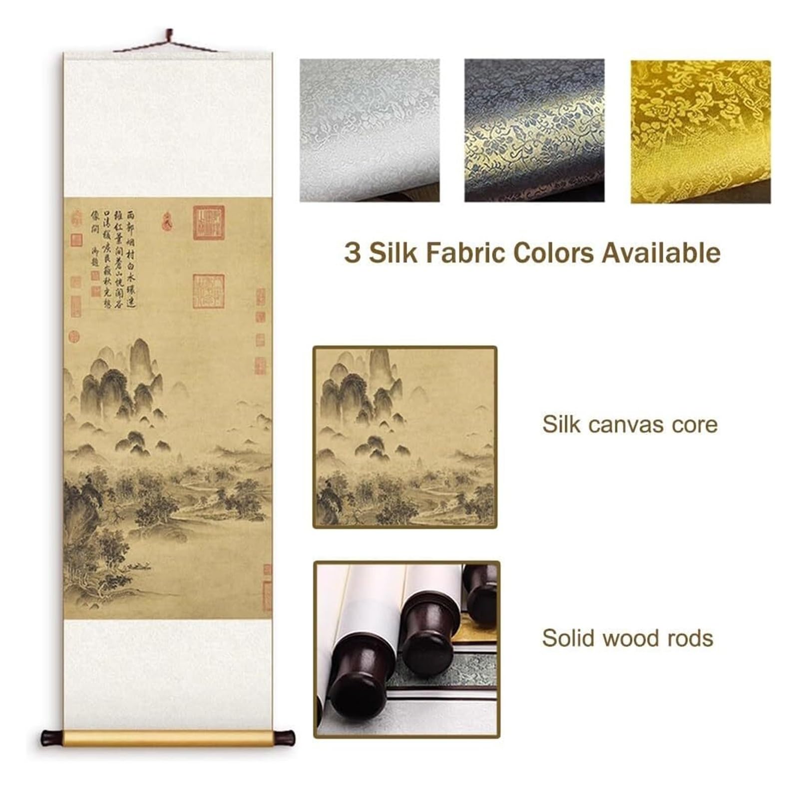 Obraz z jesiennym krajobrazem w stylu vintage, chiński jedwabny obraz ścienny do salonu, orientalny wiszący plakat Feng Shui(Yellow,50L x 158W cm)