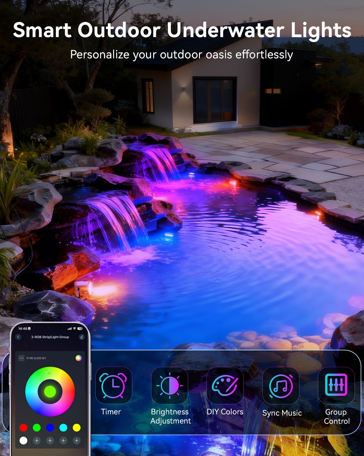 All-in-One Eclairage Bassin LED Acier Inoxydable SS316, RGB Lampe de Bassin Extensible avec Câble de 15,5M, Spot Bassin IP68 pour Bassin, Cascade, Ruisseau, Étang à Poissons, Fontaine, 4er-Pack