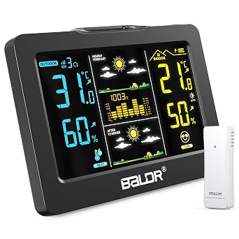 Wireless Weather Station with Outdoor Sensor, Indoor Outdoor Thermometer Hygrometer, HD Color Display, Smart Backlight, Rechargeable Battery Temperature Humidity Monitor