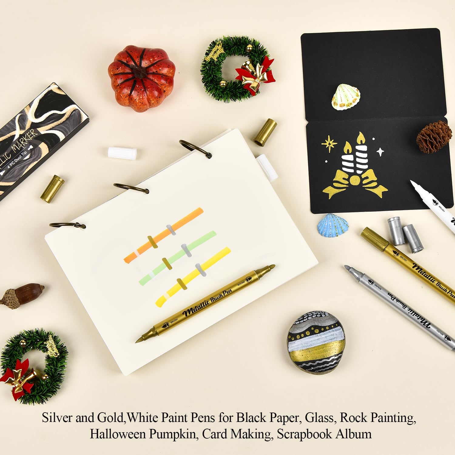 HNIHUY Metallic Markers Pens - White Silver and Gold Paint Pens for Black Paper, Glass, Rock Painting, Halloween Pumpkin, Card Making, Scrapbooking, Photo Album, Set of 4