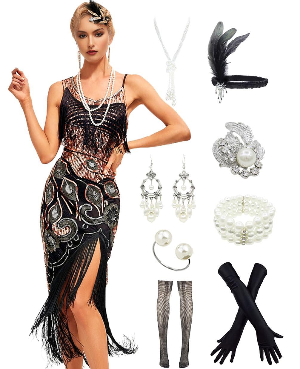 Peacock-inspired 1920s Gatsby Beaded Flapper Sling Dress Womens Vintage Cocktail Dress W Complete Accessories Set