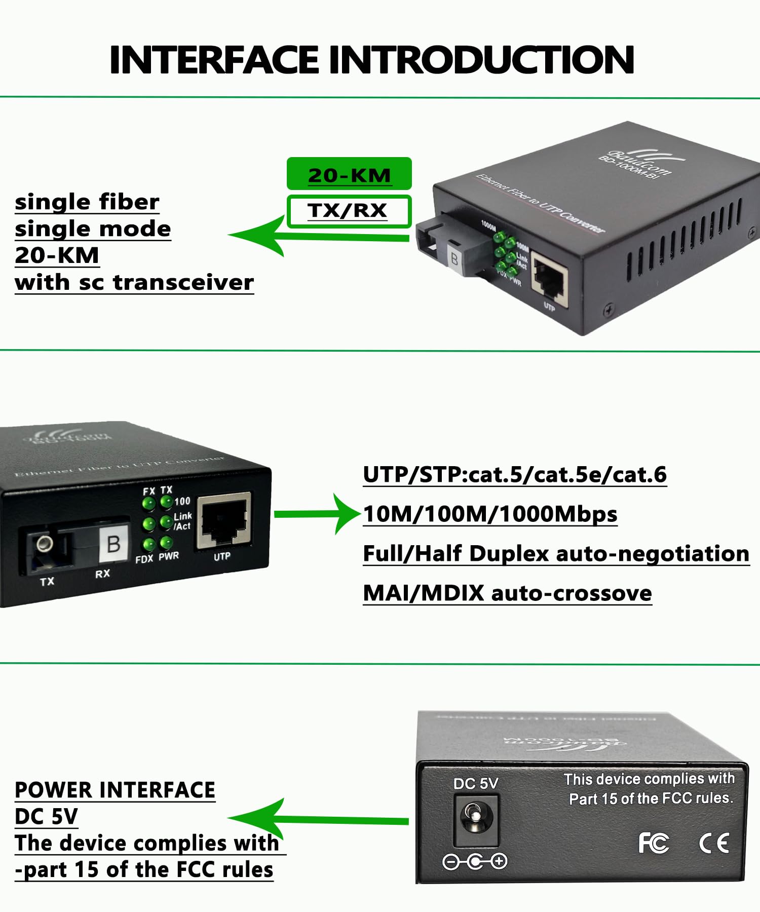 Convertisseur multimédia en fibre Gigabit Ethernet 10/100/1000M, émetteurs-récepteurs SC uniques, mode simple 20 KM, RJ45 à 1000Base-LX, BIDI 20 KM