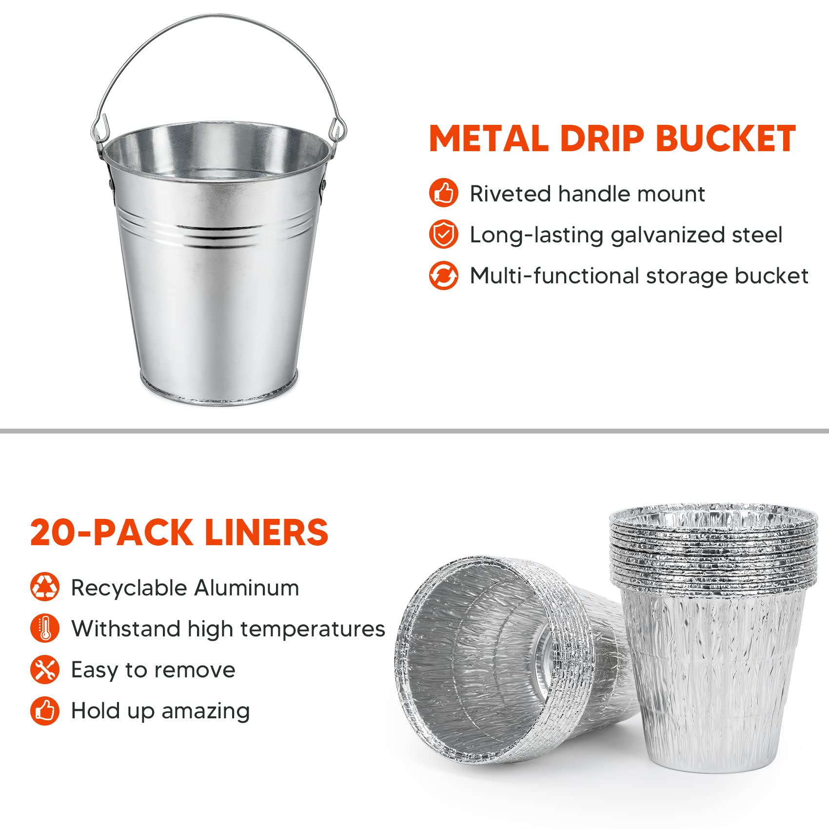 Stanbroil Grease Bucket Replacement with 20-Pack Liners for Traeger 20/22/34 Series, Pit Boss, Camp Chef, Louisiana, etc Pellet Grill/Smoker (Silver 20)