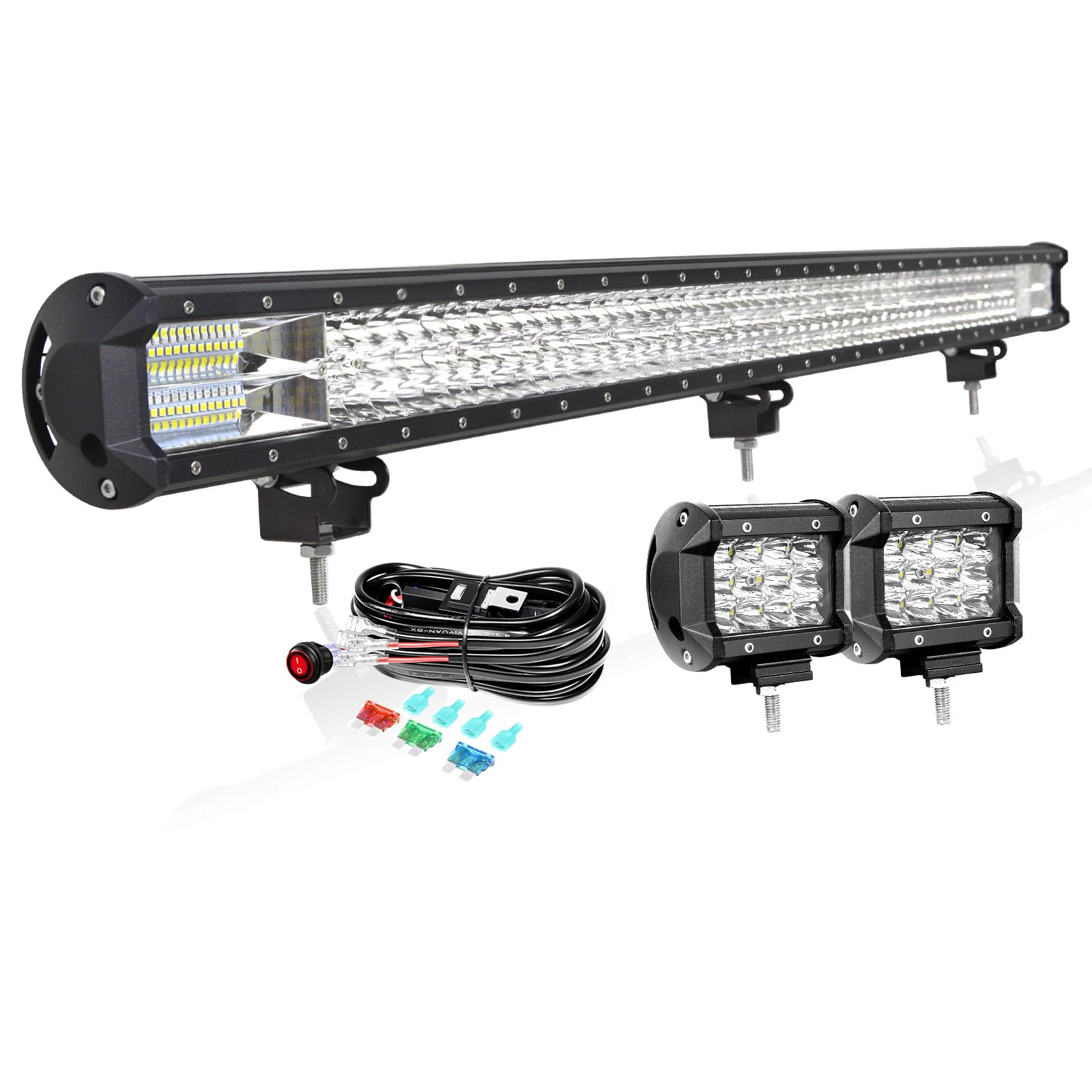 PICAA 115cm 45 Pollici 612W Barra Led Fuoristrada+2x 4 36W Faro da Lavoro Led+Cablaggio Kit, Tripla Rows 6000K Bianco Auto Camion 4x4 Barra Luminosa a Led 12V 24V Fari Led